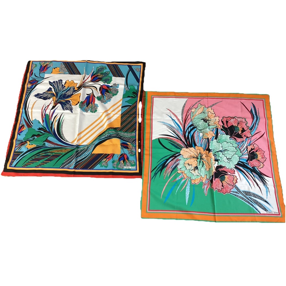 Vintage (2) NORMA DORI Colorful Bold Modern Floral Silky Poly Square Scarves 30"